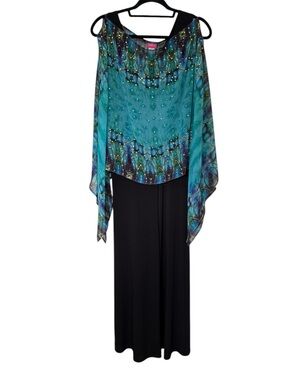 Clara Sun Woo Black V-Neck Wide Leg Jumpsuit with Colorful Overlay